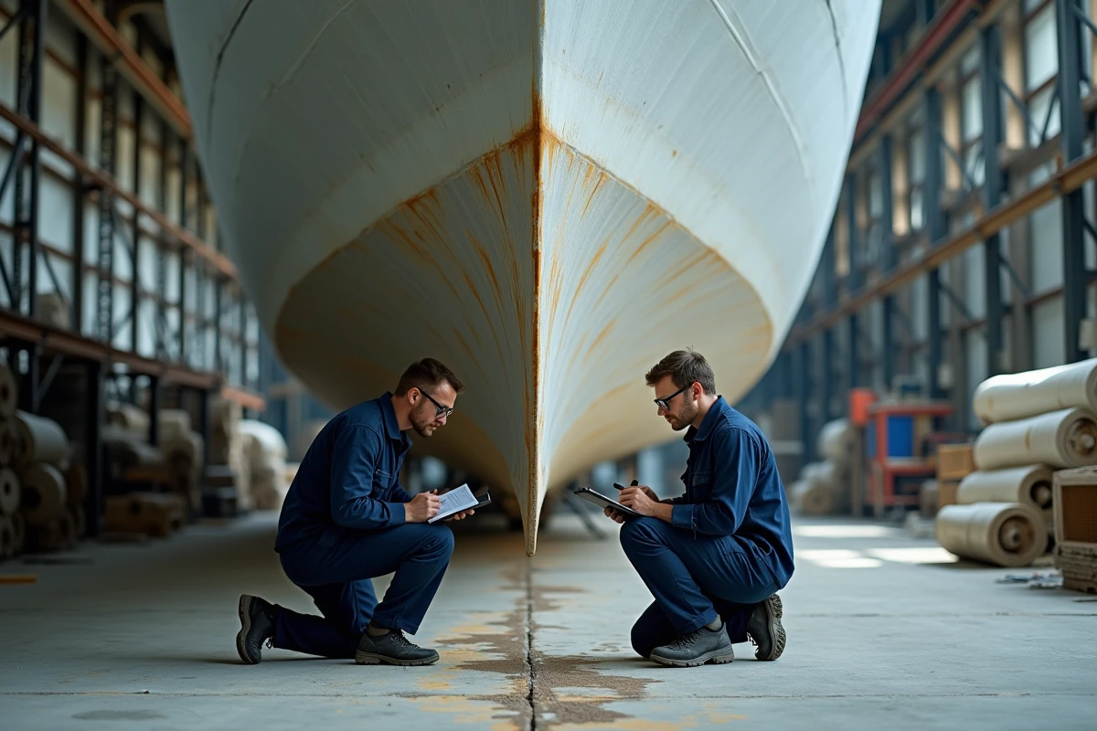 Techniciens nautiques inspectant la coque d'un bateau commercial en construction dans un chantier naval industriel