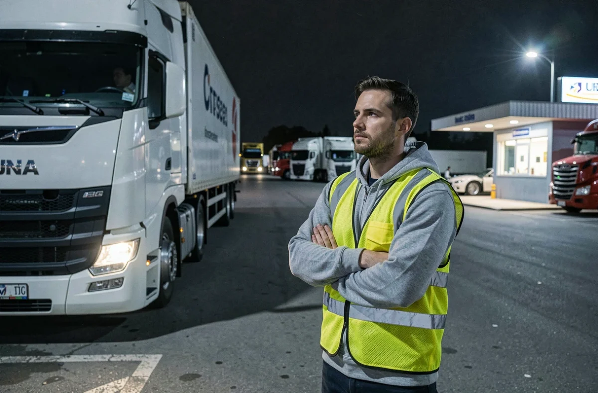 Chauffeur poids lourd debout à côté de son camion dans une aire de repos autoroutière de nuit