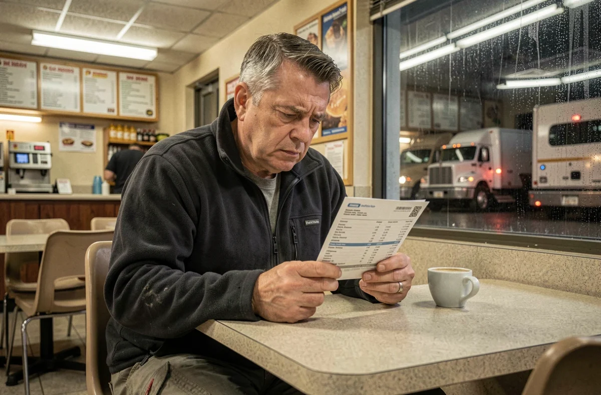 Chauffeur poids lourd de nuit analysant sa fiche de paie dans un restaurant d'aire d'autoroute