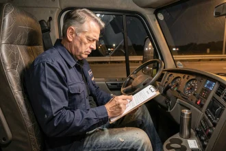 Chauffeur poids lourd de nuit vérifiant ses documents de transport dans la cabine de son camion