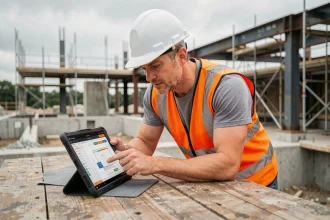 Chef de chantier BTP consultant une plateforme de gestion de projet sur tablette sur un chantier de construction actif