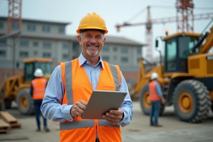 Chef de chantier avec tablette sur site de construction