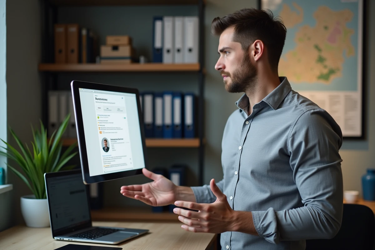 Chef d'entreprise gérant la fiche de visibilité de sa société sur une plateforme professionnelle depuis son bureau privé