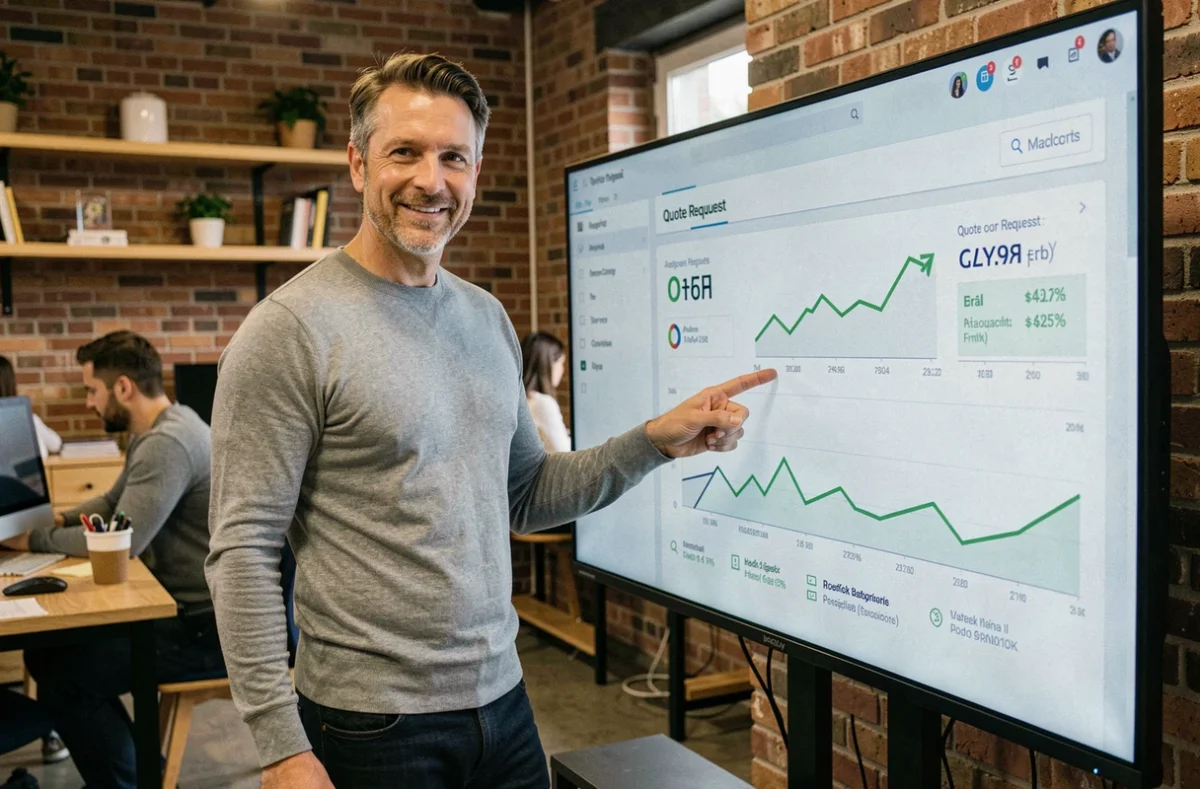 Chef d'entreprise consultant un tableau de bord CRM montrant une hausse des demandes de devis grâce à un outil digital