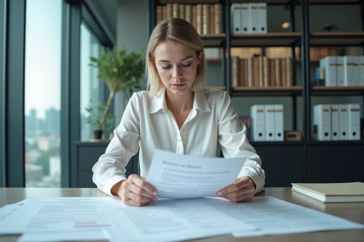 Une femme entrepreneur en train d'examiner des documents juridiques pour choisir le statut l&eacute;gal adapt&eacute; &agrave; son activit&eacute; professionnelle