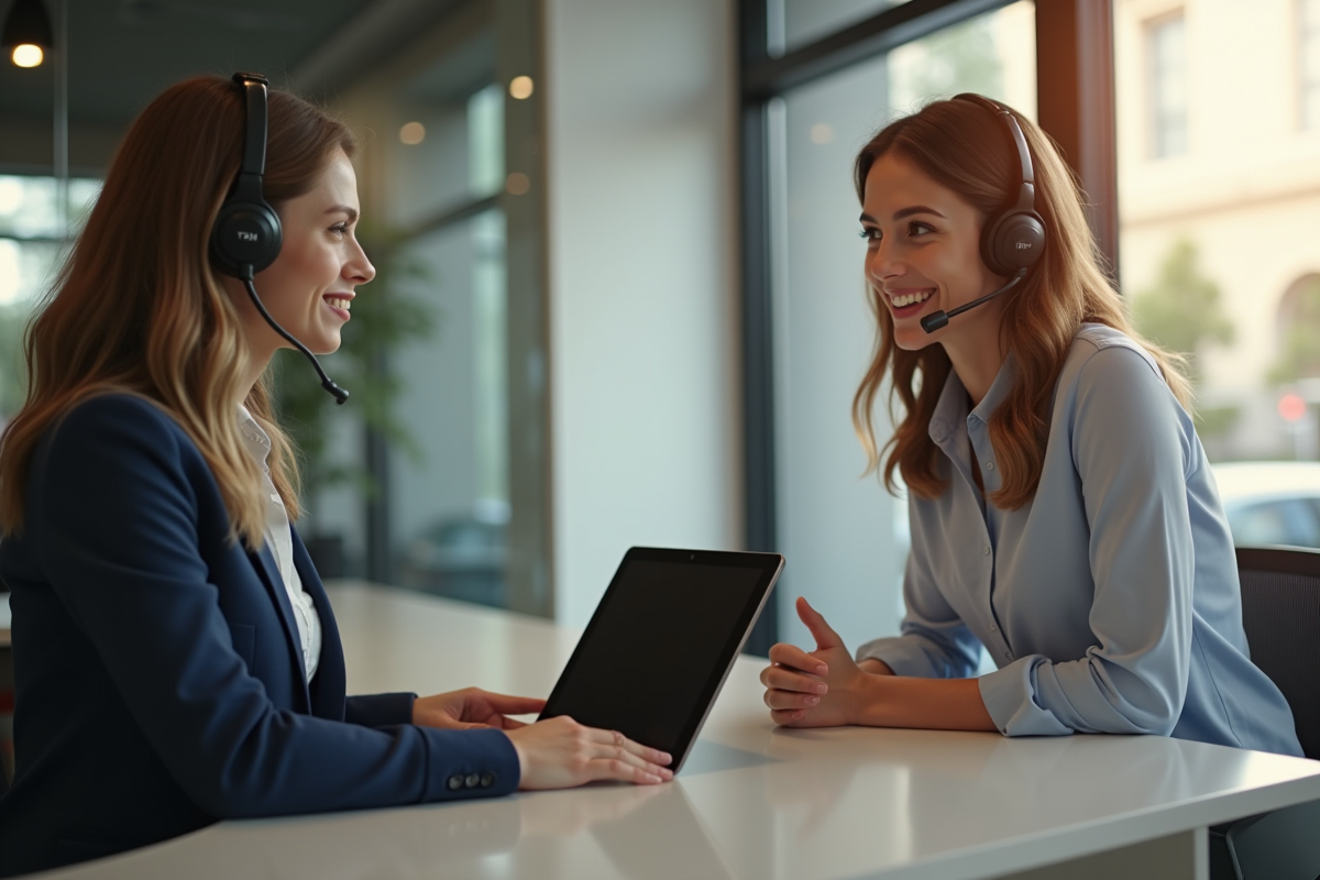 Client et agent support discutant avec une tablette dans un espace moderne
