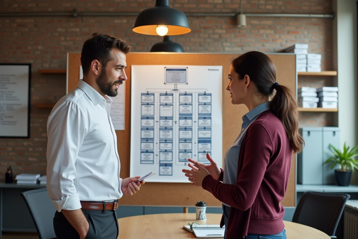 Deux collègues étudiant un tableau de classification des catégories socioprofessionnelles dans un espace de travail collaboratif