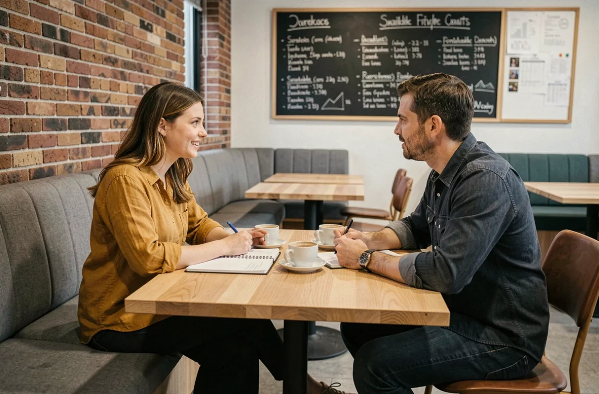 Deux collègues en discussion dans la salle commune d'un espace de coworking à Saint-Priest