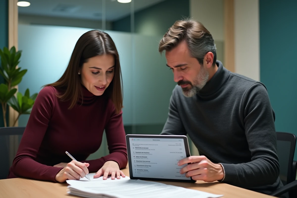 Deux collègues en réunion consultant les contacts et procédures de commande Eurodir sur une tablette et des documents imprimés