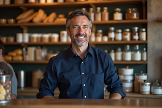 Homme commerçant souriant derrière le comptoir en bois d'une boutique