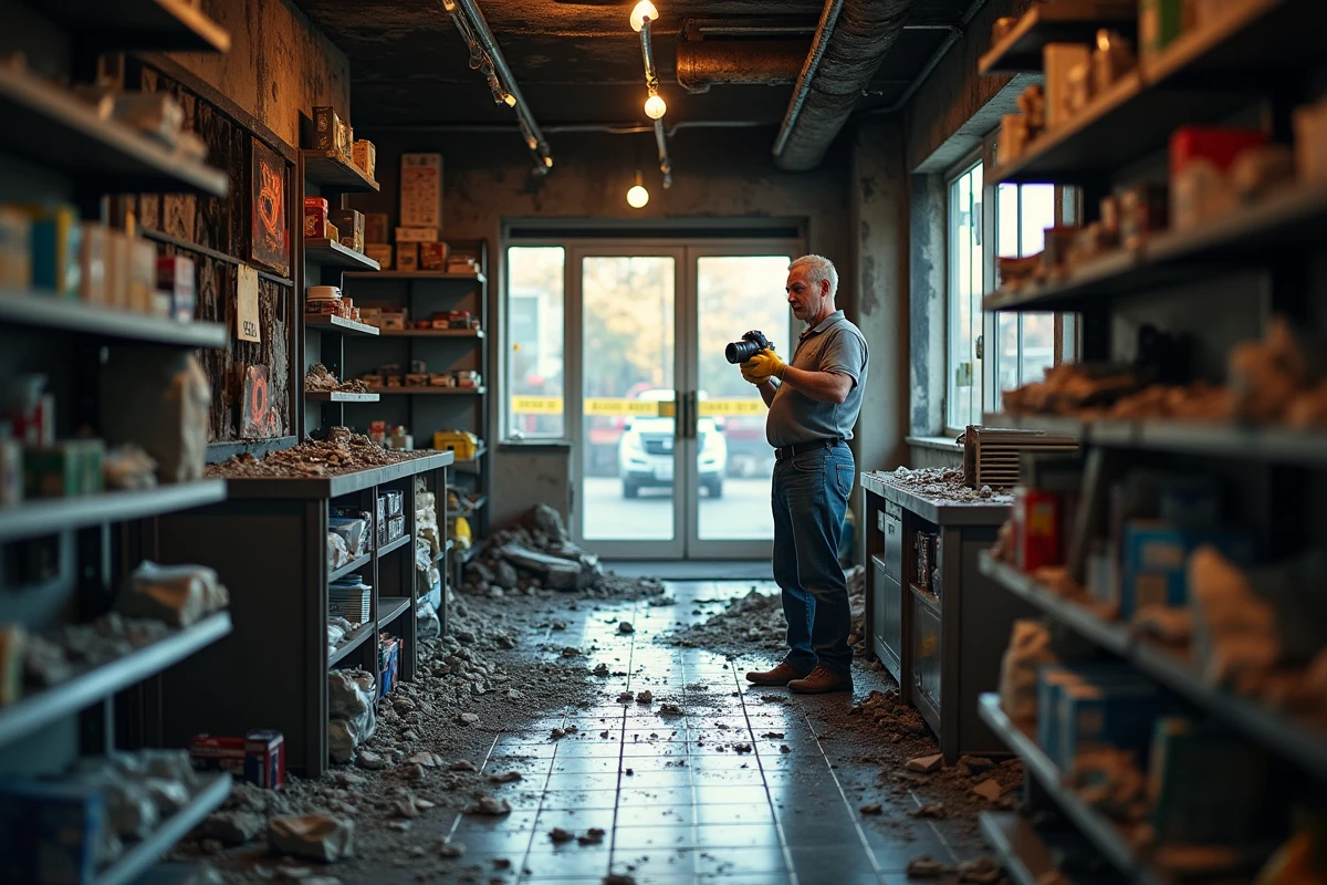 Propriétaire d'un commerce photographiant les dégâts après un sinistre incendie dans sa boutique