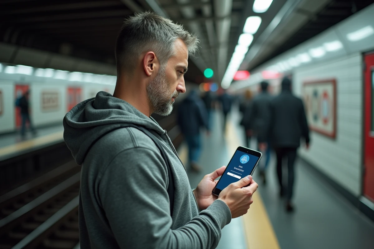 Homme consultant son compte RATP sur smartphone dans le métro avec une erreur de connexion