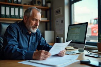 Conducteur routier vérifiant son taux horaire sur des documents de convention collective dans un bureau de transport