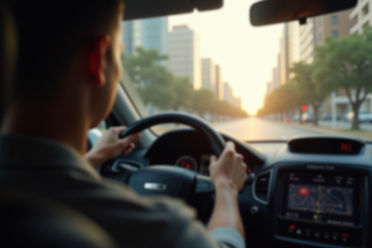 Mains d'un conducteur Uber au volant dans la ville