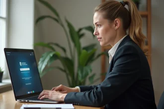 Une femme en télétravail se connecte à un extranet professionnel sur son ordinateur portable depuis son bureau à domicile