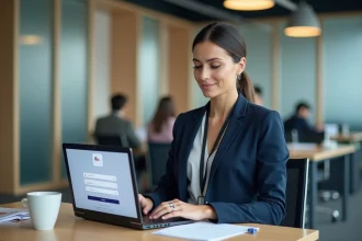 Employée Air France connectée à l'intranet IPN sur un ordinateur portable dans un bureau d'entreprise moderne