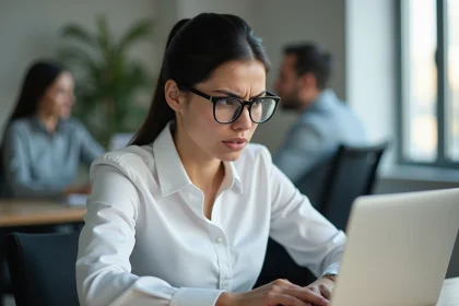 Femme professionnelle bloquée sur la page de connexion du portail Securitas sur son ordinateur portable au bureau
