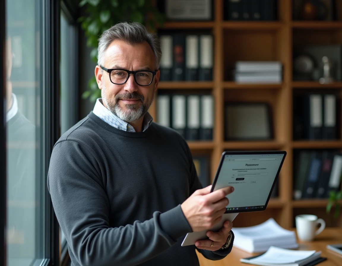 Homme en télétravail consultant une interface de gestion de mots de passe sécurisée sur tablette pour protéger son accès RH