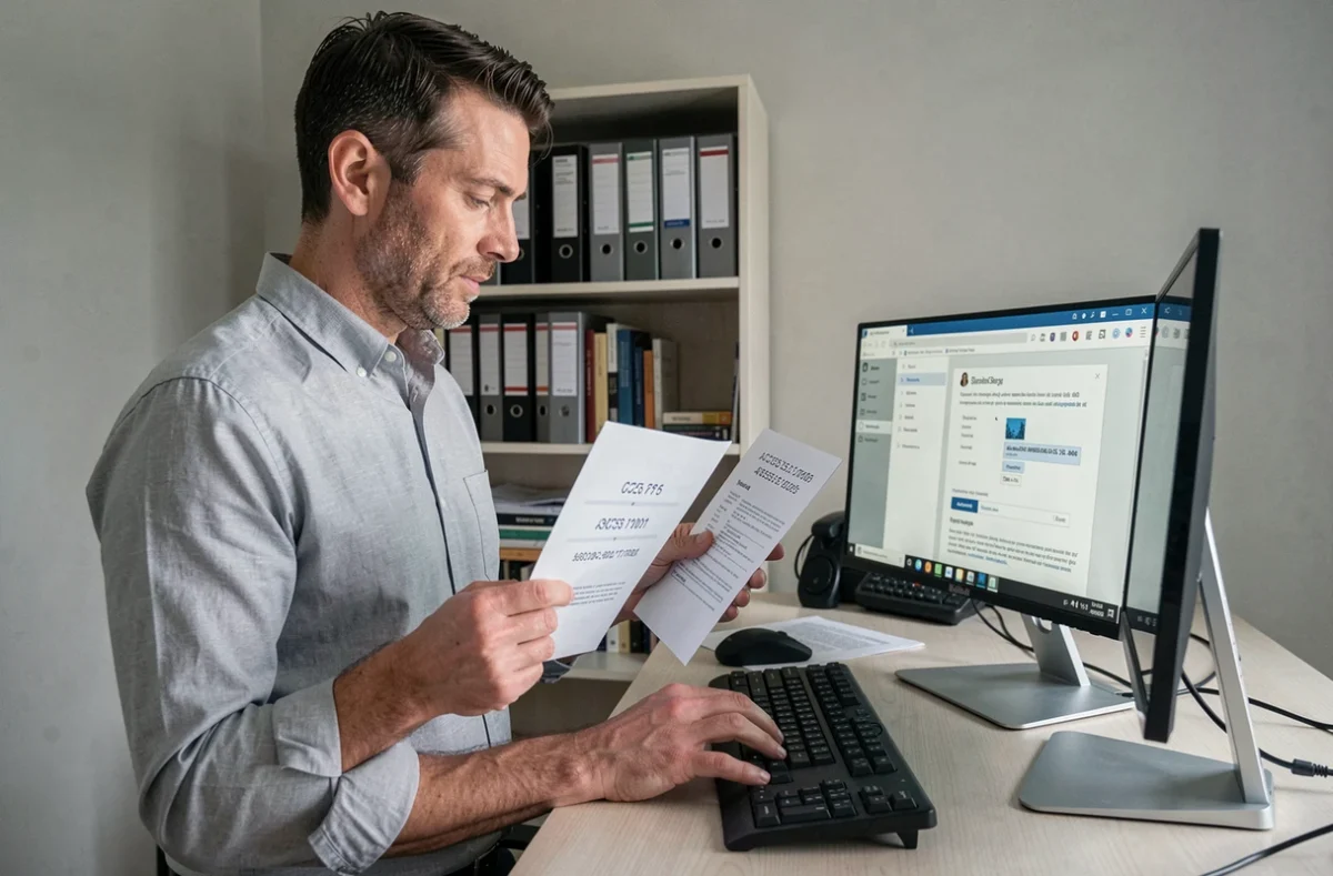 Homme consultant ses codes d'accès papier pour se connecter à SmartRH depuis son bureau à domicile