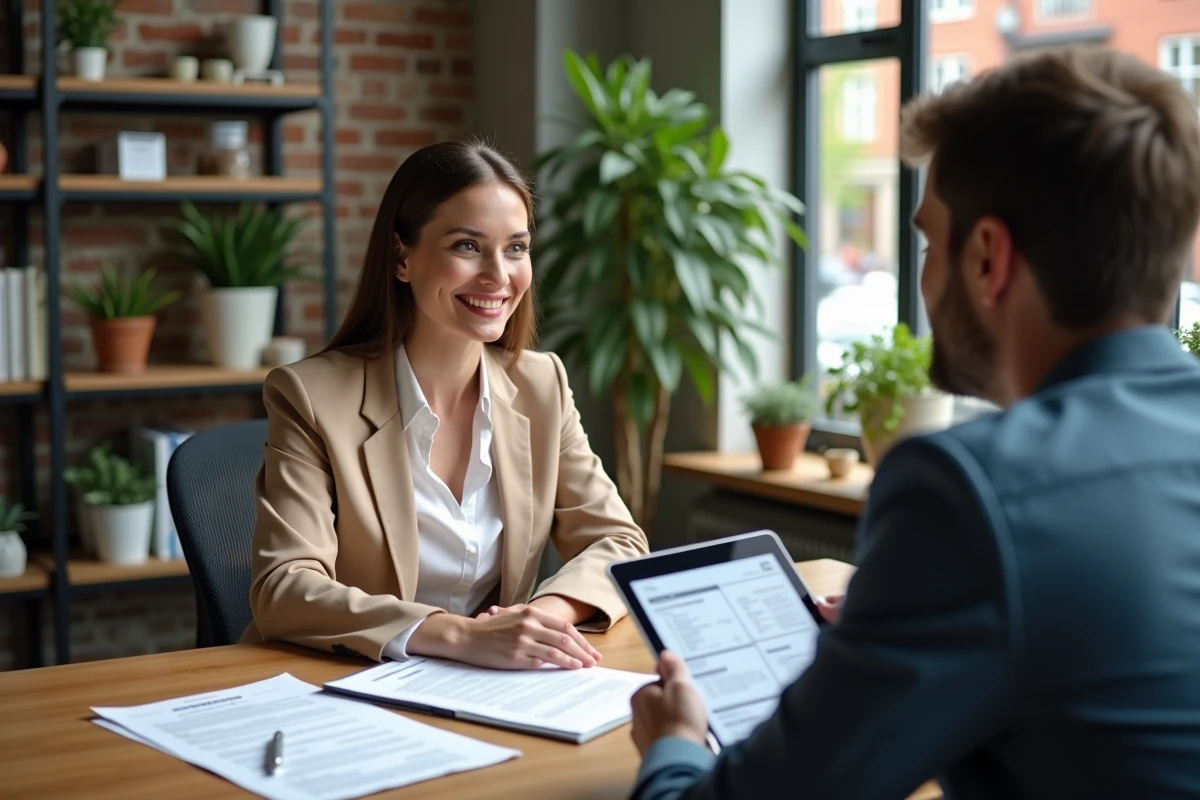 Conseillère en assurance entreprise accompagnant un client dans la déclaration d'un sinistre