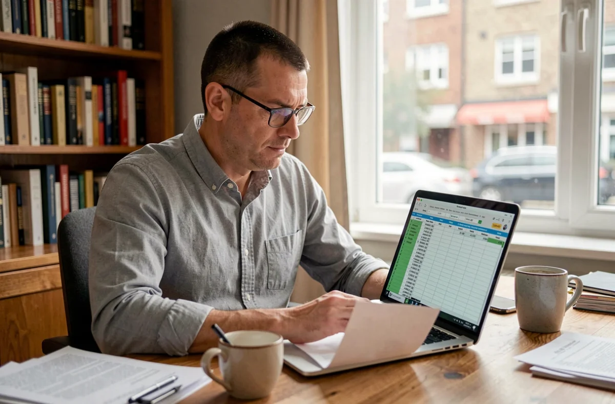 Consultant en portage salarial analysant une simulation de prêt immobilier sur son ordinateur depuis son bureau à domicile