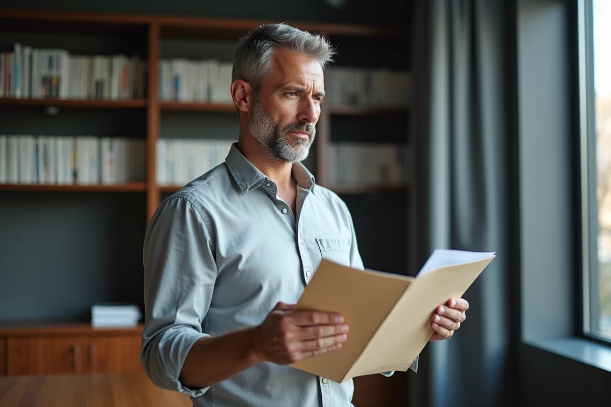 Un consultant RH consulte des documents liés au CDD et à l'indemnité de précarité dans un bureau juridique professionnel