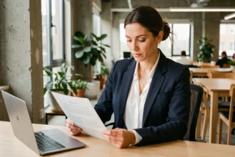 Consultante indépendante en portage salarial examinant un contrat dans un espace de coworking moderne