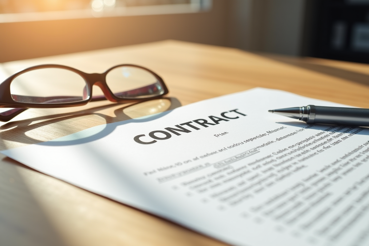 Contrat brise sur un bureau en bois avec lunettes et stylo à côté