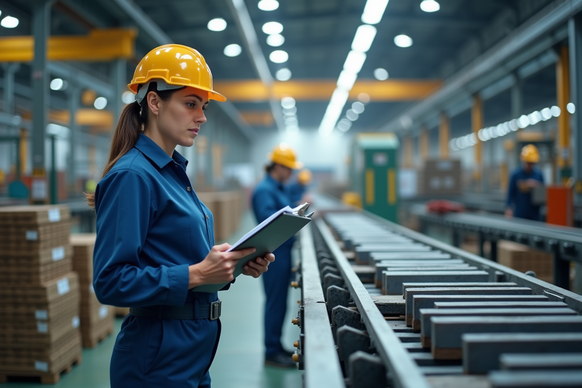 Femme experte en controle qualité dans une usine industrielle