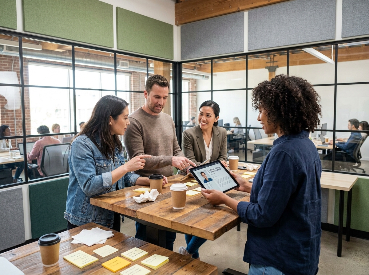 Une équipe diversifiée discute d'un profil de candidat sur tablette dans un espace de coworking, représentant la dynamique collaborative de la cooptation en entreprise