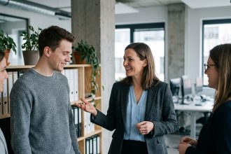 Une professionnelle présente un nouveau collègue à son équipe dans un bureau moderne, illustrant la cooptation comme levier de recrutement