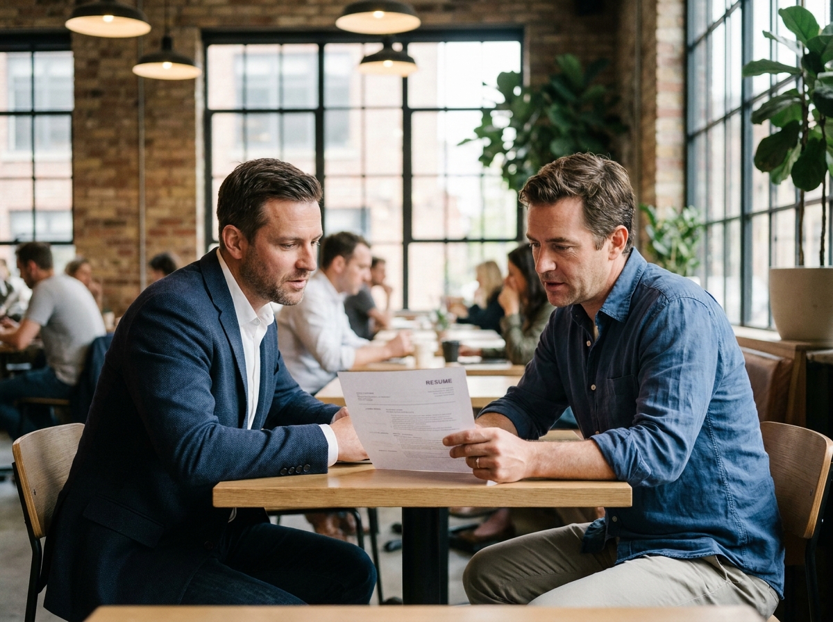 Deux professionnels examinent un CV ensemble dans un café, symbolisant le processus de recommandation et de cooptation en recrutement