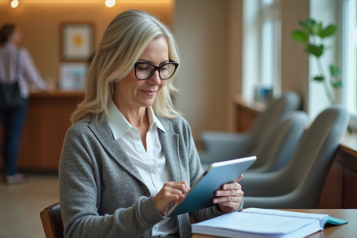 Une coordinatrice d'agence de services à domicile consulte l'extranet Azaé sur une tablette depuis l'accueil de son bureau