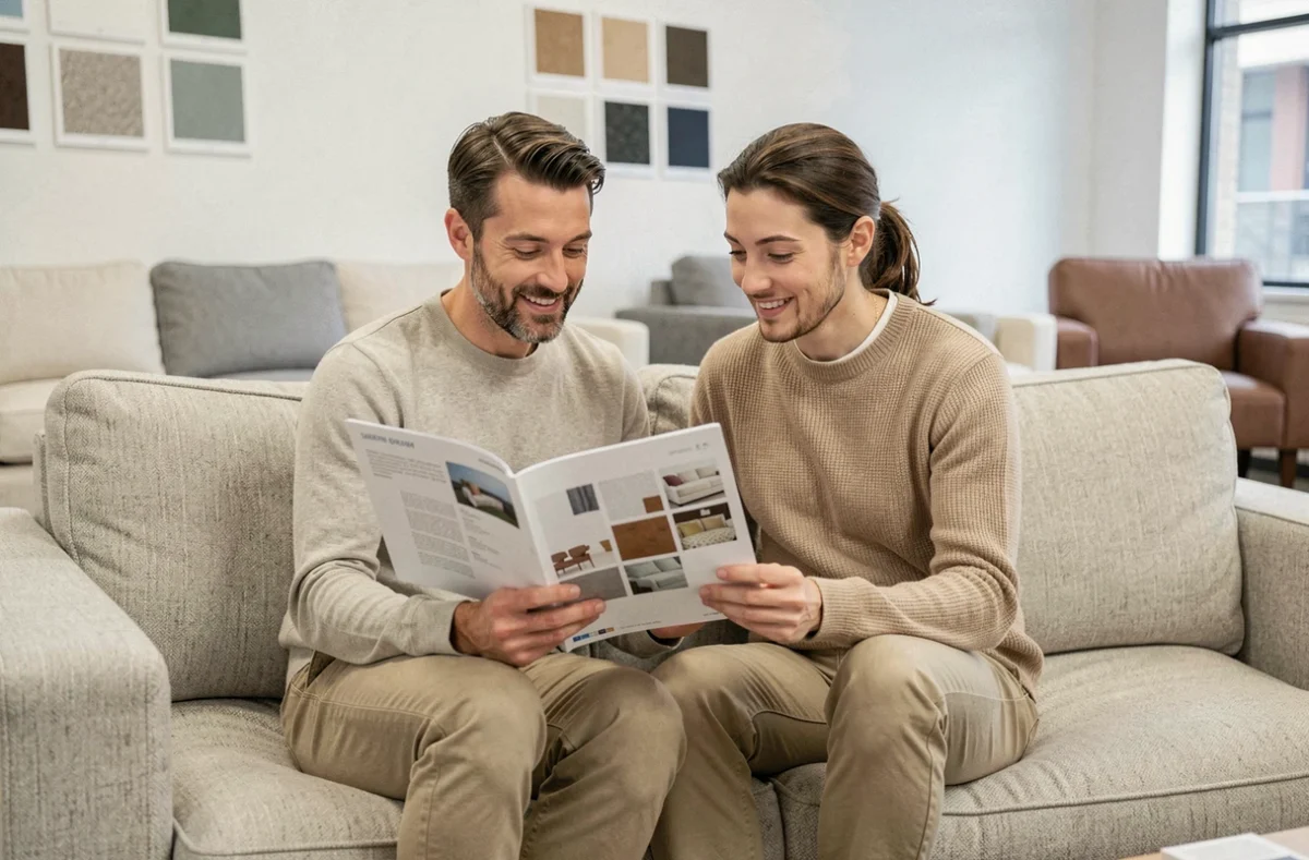 Couple consultant un catalogue de tapisserie SOFFRAN pour choisir un revêtement de canapé sur mesure