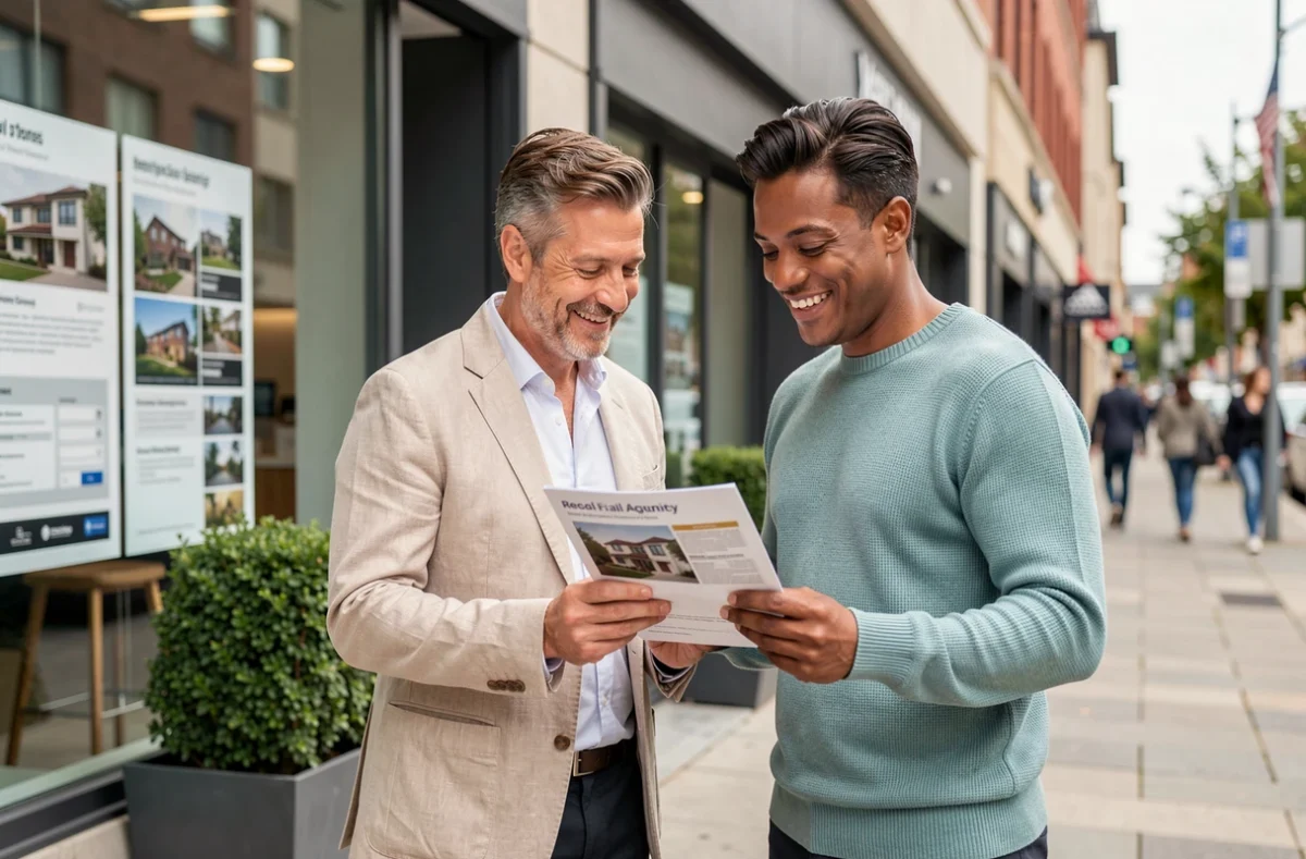 Couple de professionnels en portage salarial devant une agence immobilière consultant des annonces pour leur achat grâce à un CDI