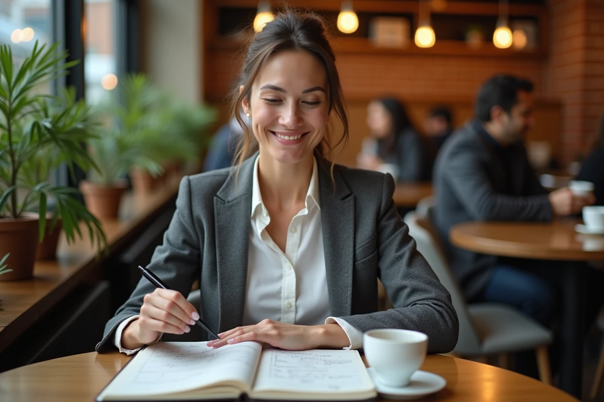 Une femme entrepreneur exp&eacute;riment&eacute;e consultant son carnet de bord rempli de jalons de croissance, symbolisant une croissance durable et p&eacute;renne