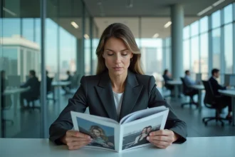 Décideuse professionnelle consultant le magazine SLR.fr comme outil de veille stratégique dans un bureau moderne