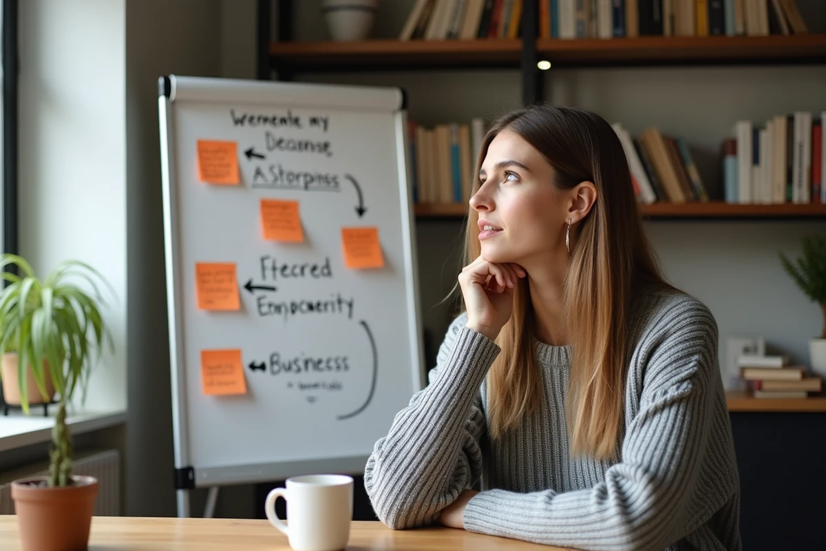 Une femme entrepreneur d&eacute;butante d&eacute;mystifiant les id&eacute;es re&ccedil;ues sur la transition vers l'entrepreneuriat, devant un tableau blanc rempli de notes et de sch&eacute;mas