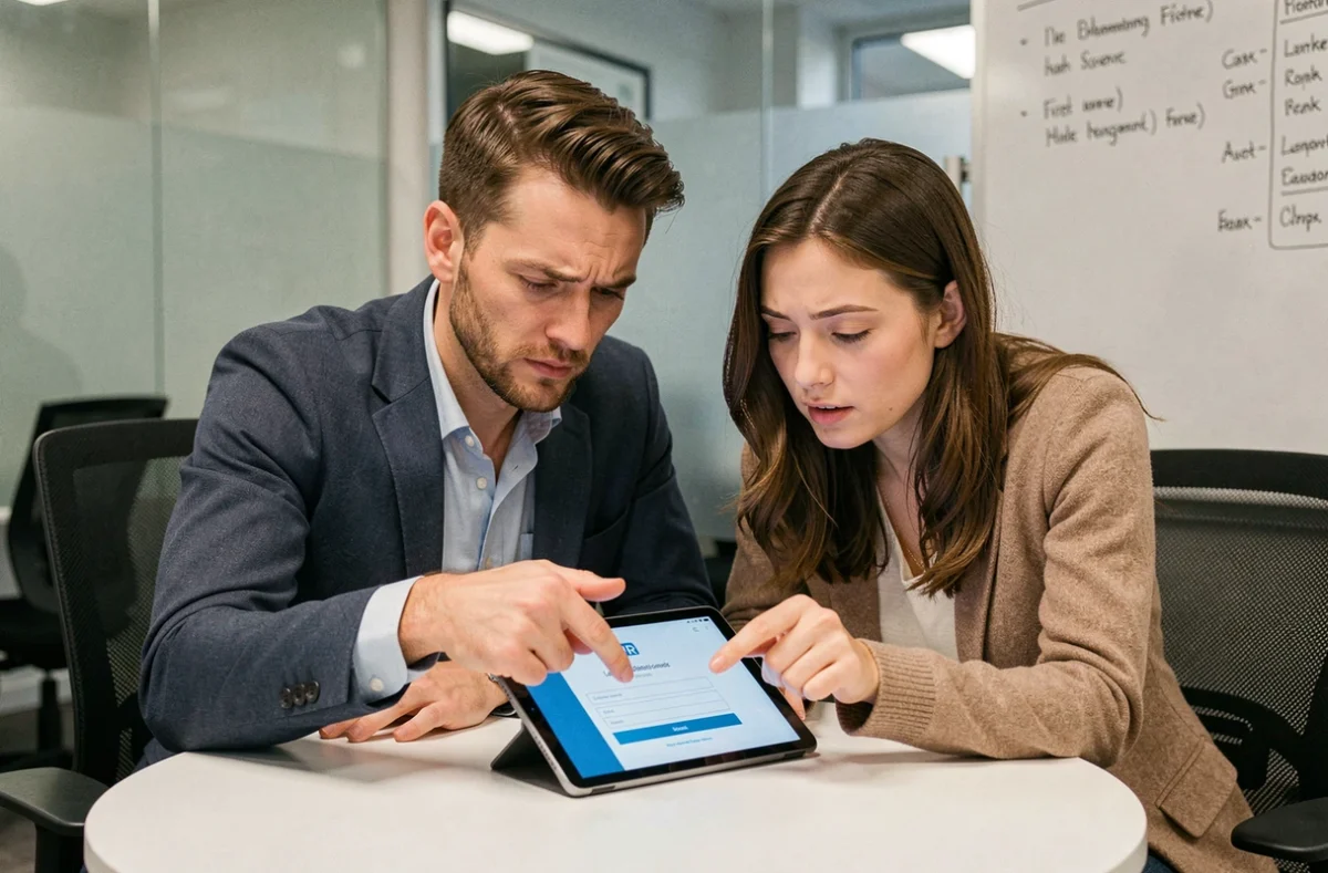 Deux collègues résolvant ensemble un problème de première connexion à un portail RH sur une tablette