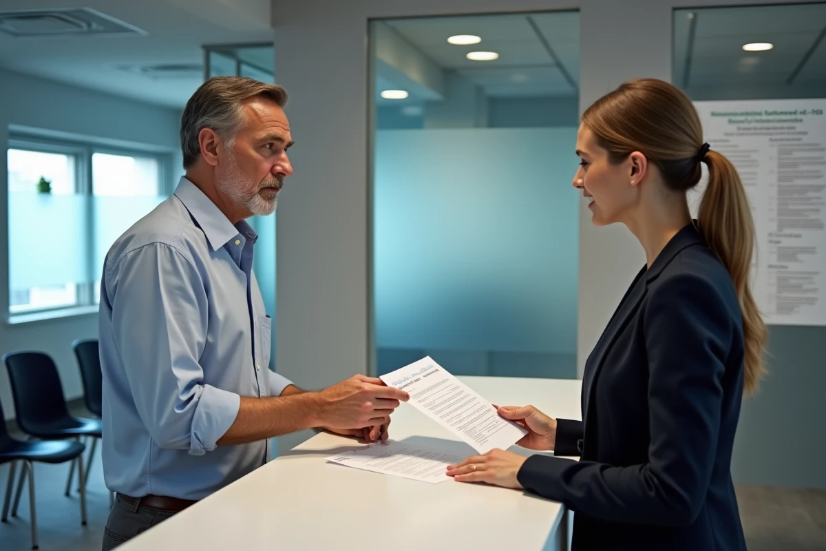 Homme déposant un dossier administratif pour l'enregistrement du conjoint collaborateur dans une caisse de protection sociale