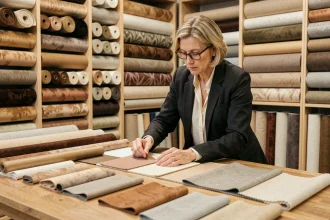 Designer examinant des échantillons de tissu dans un showroom de tapisserie SOFFRAN pour choisir le bon revêtement