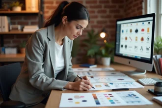 Designer graphique étudiant des esquisses de logo et des planches de tendances dans un studio créatif moderne