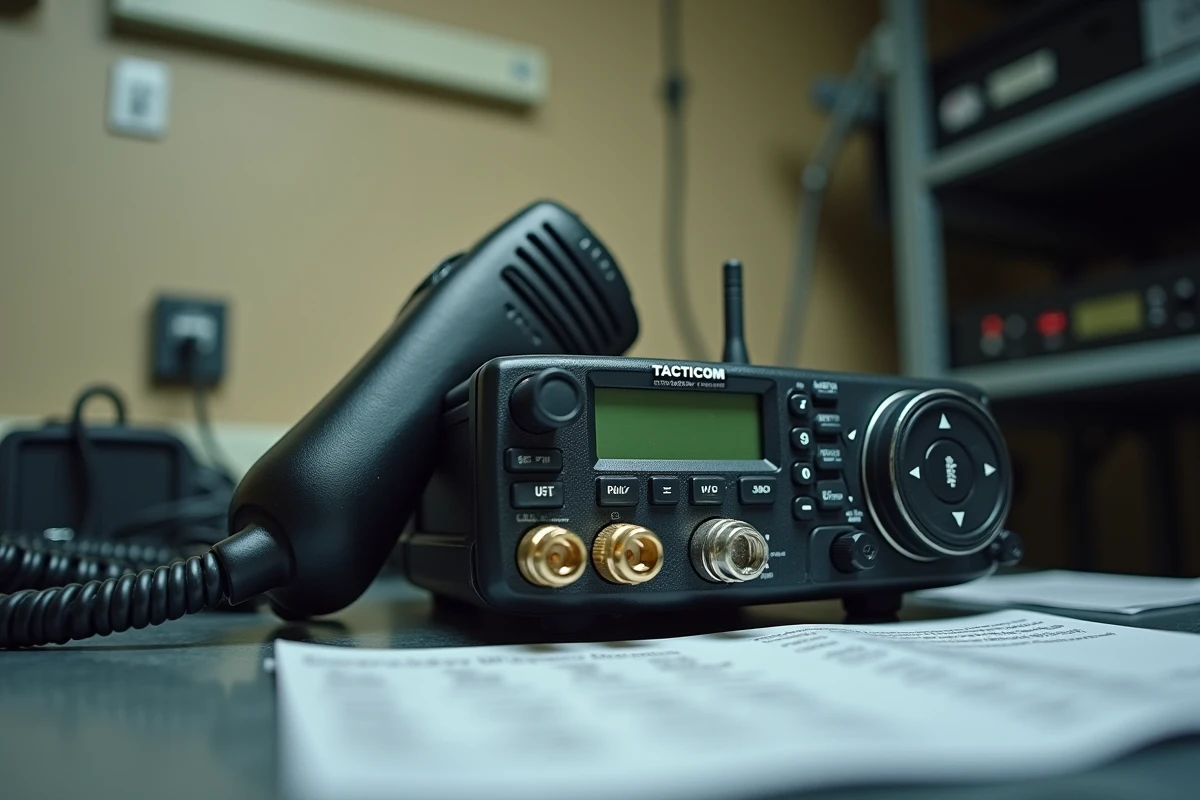 Gros plan sur une radio VHF ancienne et un pont réseau moderne posés sur un bureau dans une salle de communications