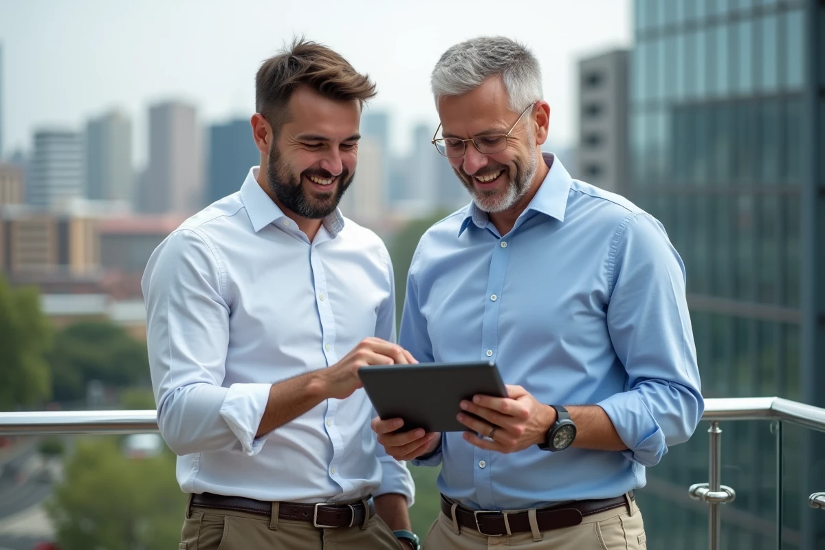 Deux hommes discutant sur une terrasse urbaine