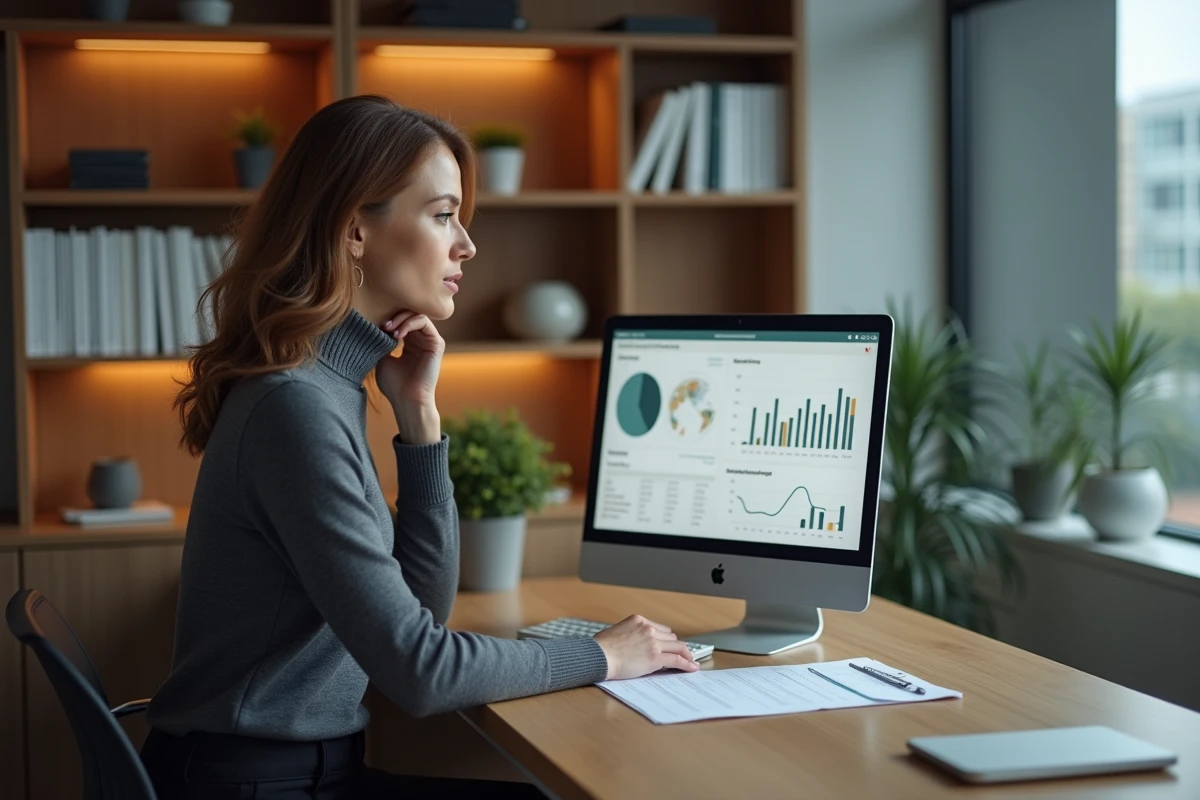 Directrice marketing analysant les donn&eacute;es d'alignement commercial sur un tableau de bord CRM dans son bureau priv&eacute;