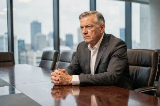 Dirigeant bancaire senior assis seul dans une salle de conseil d'administration après une réunion de gouvernance