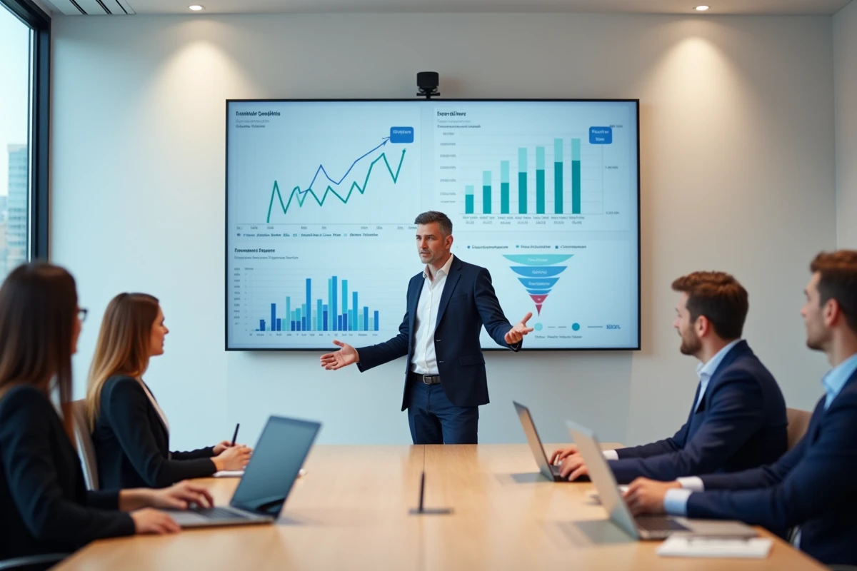 Dirigeant d'entreprise pr&eacute;sentant une strat&eacute;gie Inward Marketing &agrave; son &eacute;quipe dans une salle de r&eacute;union corporate moderne