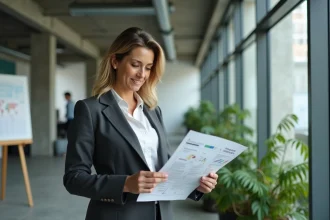 Dirigeante d'entreprise analysant un rapport RSE avec des indicateurs de performance développement durable dans un bureau moderne