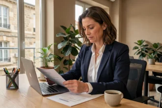 Femme entrepreneur consultant des documents de domiciliation d'entreprise dans un espace de coworking à Vannes