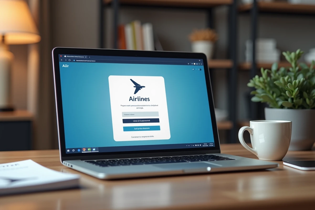 Écran d'ordinateur portable affichant une page de connexion à un intranet en français posé sur un bureau avec un cahier employé et une tasse de café